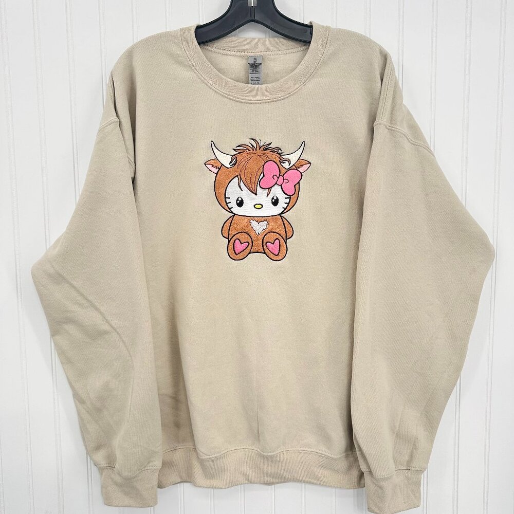 Hello Kitty Highland Cow Sweatshirt Embroidered Adult Crewneck Cartoon Cat - Picture 2 of 10